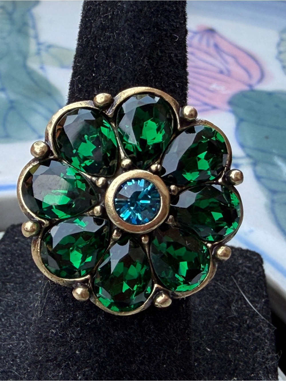 Heidi Daus Emerald Petal Ring with Blue Center *Size 5 (Price Firm)